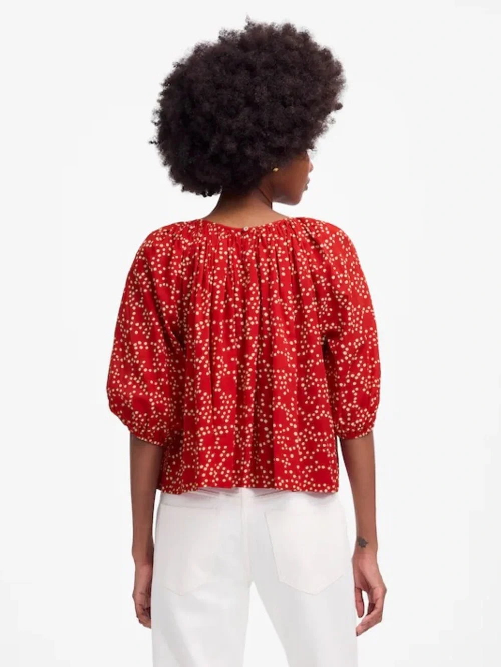 MADEWELL S Shirred Puff-Sleeve Top in Dot • Festival Red Classic Scattered Dots